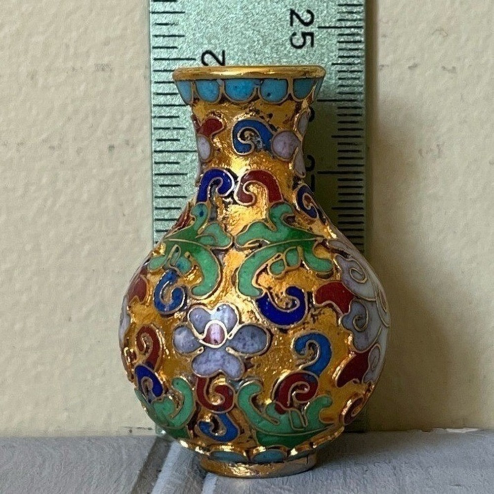 Vintage Miniature Cloisonne Style Gold Tone Background Floral Vases With Bases - Picture 5 of 9